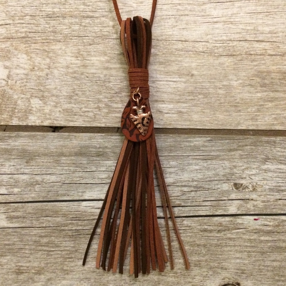 Tooled leather tear drop and arrowhead tassel